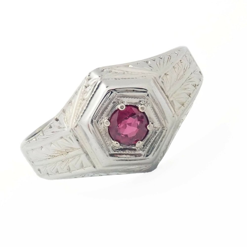 Vintage Estate 18k White Gold Ruby Art Deco Ring